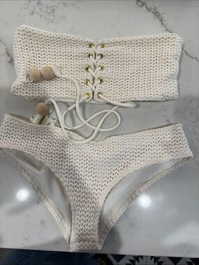 Montce Cream Crochet Lace-Up Bandeau Bikini